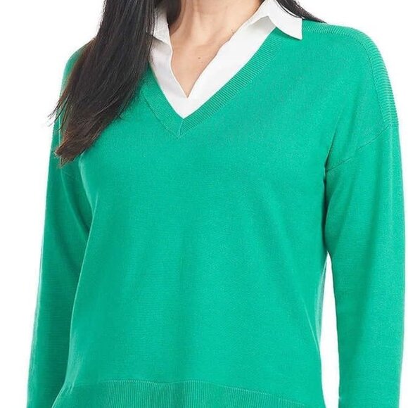 Hilary Radley Women's Plus Size XXL Green White Collared Sweater NWT - Picture 1 of 5